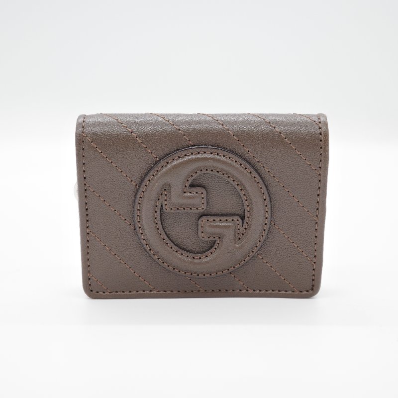 Gucci 古馳 Blondie GG LOGO 深咖 牛皮 車線扣式零錢 短夾-1