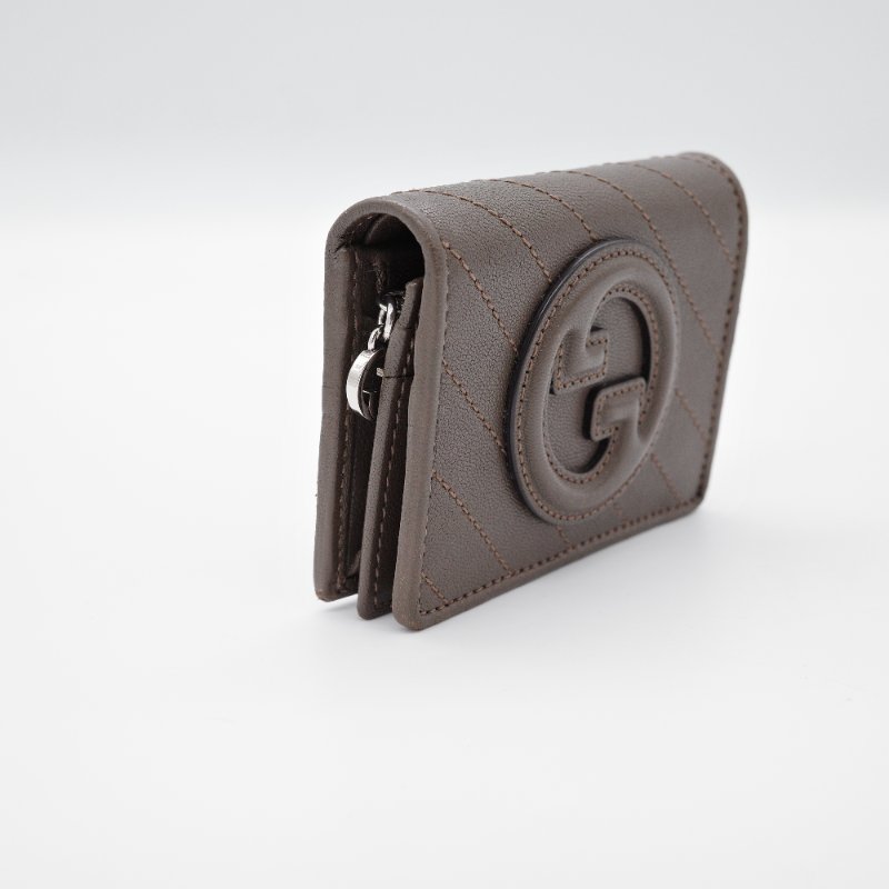 Gucci 古馳 Blondie GG LOGO 深咖 牛皮 車線扣式零錢 短夾-3