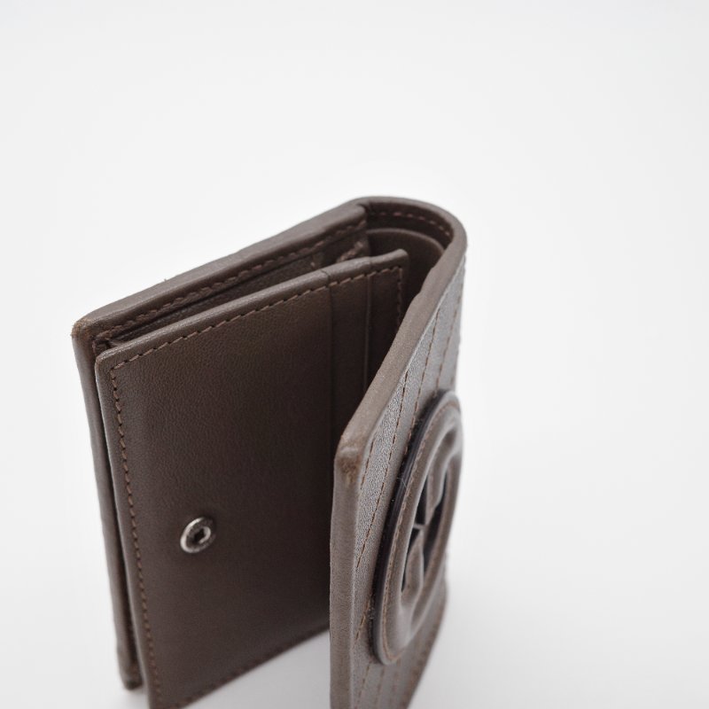 Gucci 古馳 Blondie GG LOGO 深咖 牛皮 車線扣式零錢 短夾-9