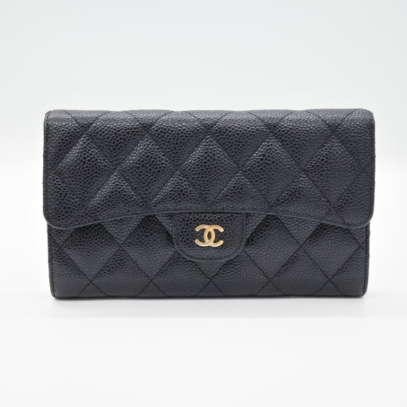 Chanel 香奈兒  經典翻蓋 黑色荔枝紋 牛皮金扣 長夾-1