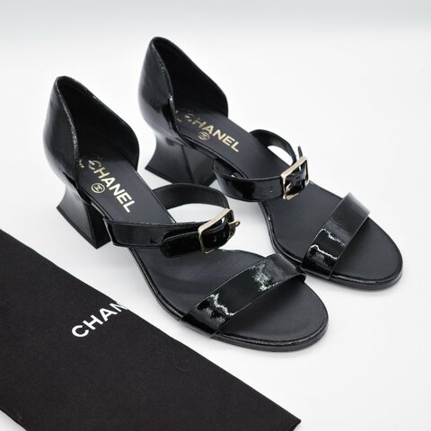Chanel 香奈兒 黑色 漆皮 粗跟涼鞋
