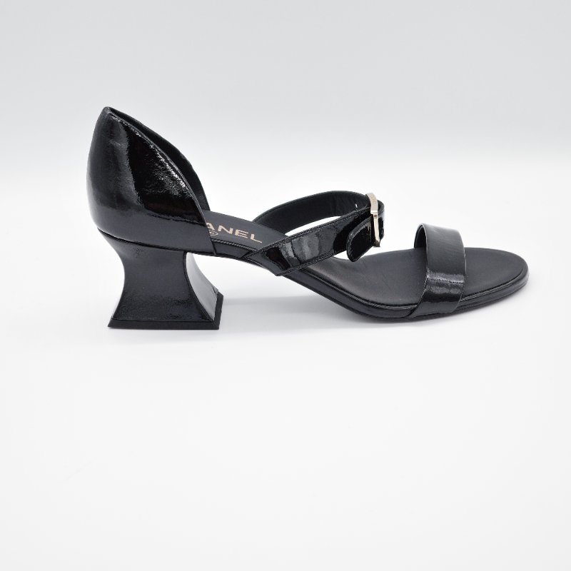 Chanel 香奈兒 黑色 漆皮 粗跟涼鞋-5