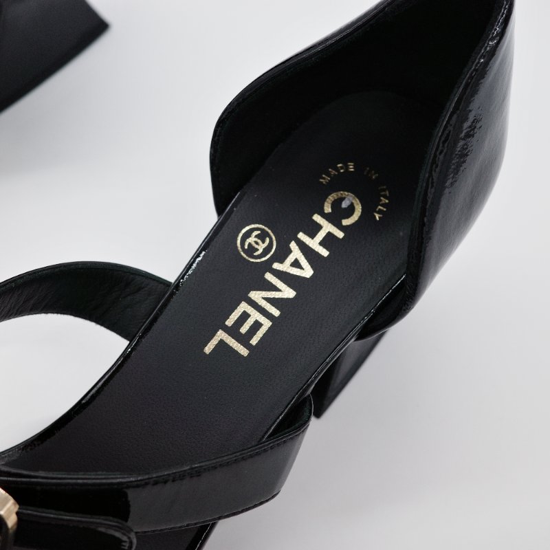 Chanel 香奈兒 黑色 漆皮 粗跟涼鞋-6