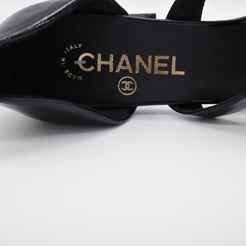Chanel 香奈兒 黑色 漆皮 粗跟涼鞋-8