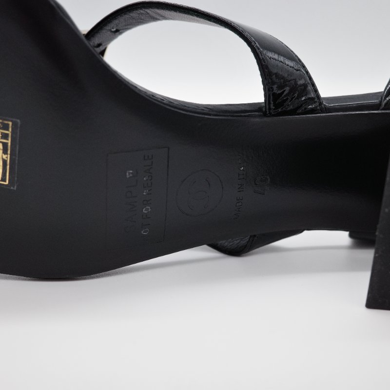 Chanel 香奈兒 黑色 漆皮 粗跟涼鞋-9