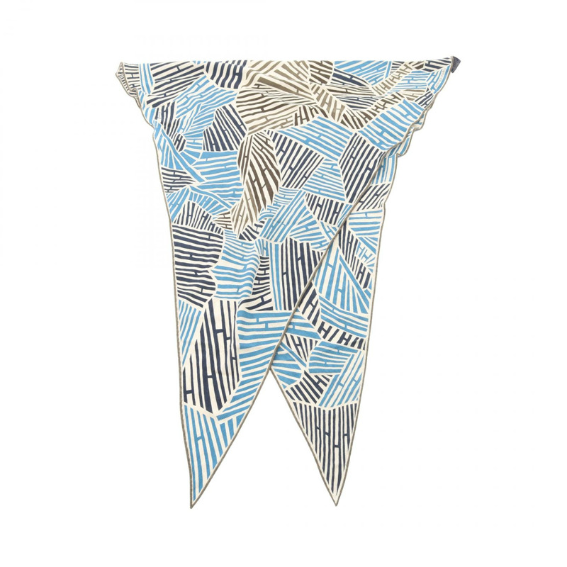 愛馬仕 Losange GM 鑽石奔騰 H 絲巾，真絲羊絨材質，藍色、海軍藍、灰色，二手-0