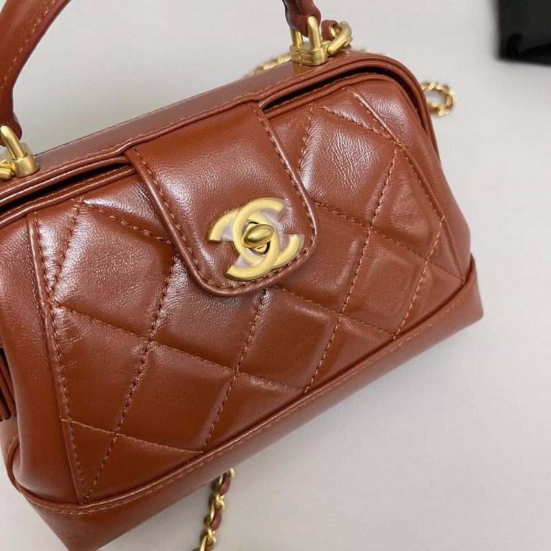 Chanel香奈兒 焦糖色全皮菱格金扣小號醫生包 芯片-2