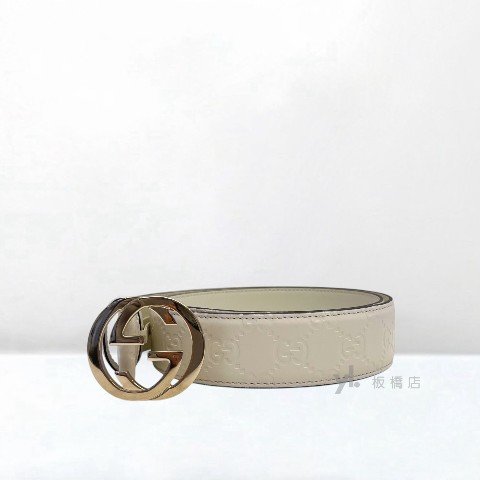 Y1985-GUCCI皮帶 白牛皮LOGO壓紋淡金釦皮帶370543-1