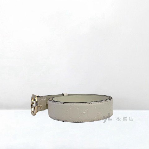 Y1985-GUCCI皮帶 白牛皮LOGO壓紋淡金釦皮帶370543-3