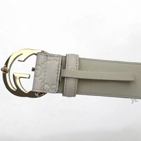 Y1985-GUCCI皮帶 白牛皮LOGO壓紋淡金釦皮帶370543-5