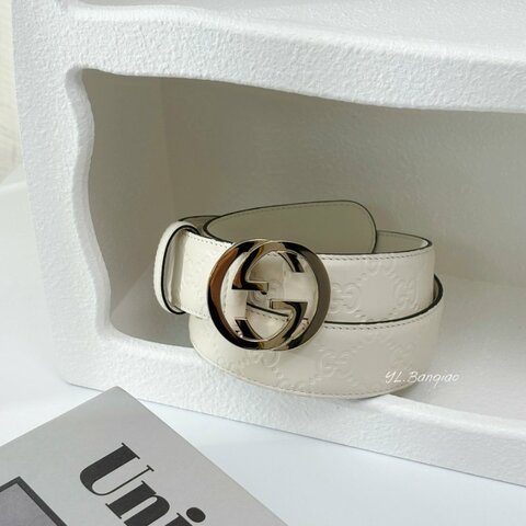 Y1985-GUCCI 白牛皮LOGO壓紋淡金釦皮帶370543