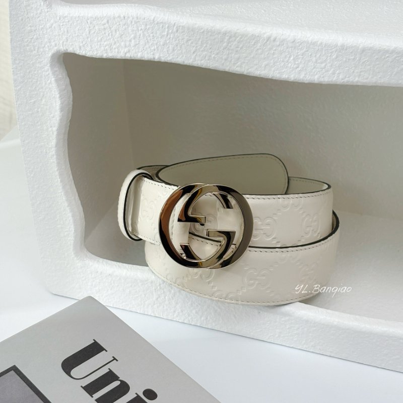 Y1985-GUCCI 白牛皮LOGO壓紋淡金釦皮帶370543-0