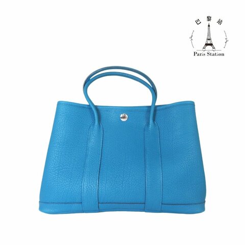 【巴黎站二手名牌專賣店】＊現貨＊HERMES 愛馬仕 真品＊X刻 Garden Party湖水綠牛皮銀釦GP 30手提包