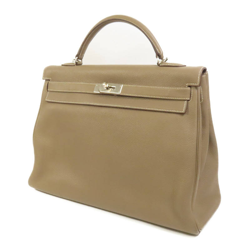 HERMES Togo皮革Kelly 40銀扣手挽肩背兩用袋Etoupe-2