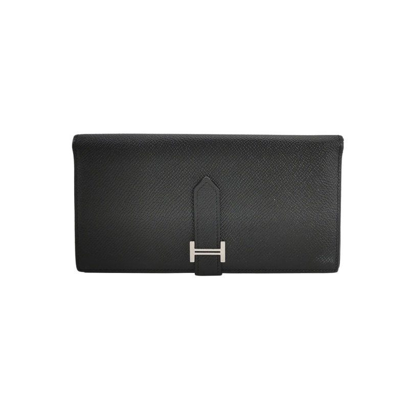 Hermes Bearn小號標誌H袢帶錢包Epsom牛皮銀扣89黑色T刻-0