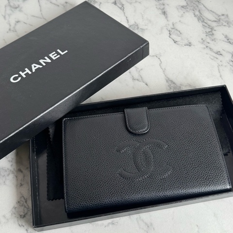 Chanel黑皮革大雙C釦式長夾✨老香