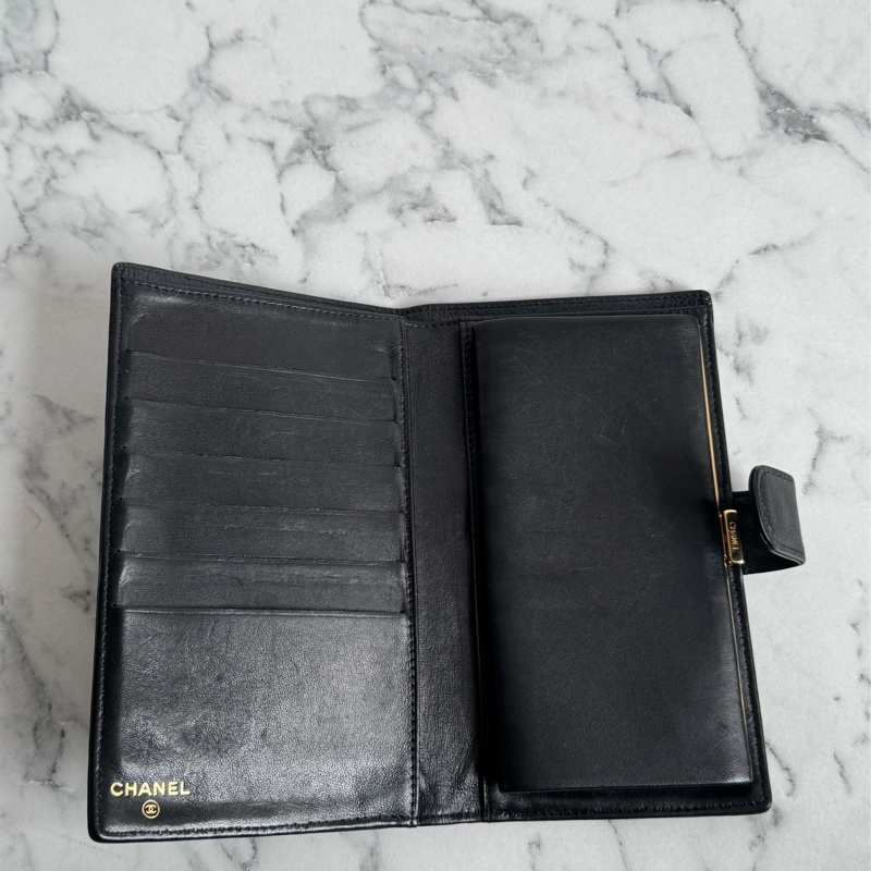 Chanel黑皮革大雙C釦式長夾✨老香-12