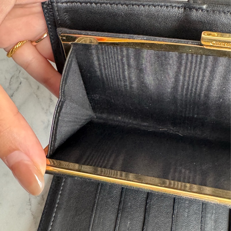 Chanel黑皮革大雙C釦式長夾✨老香-19