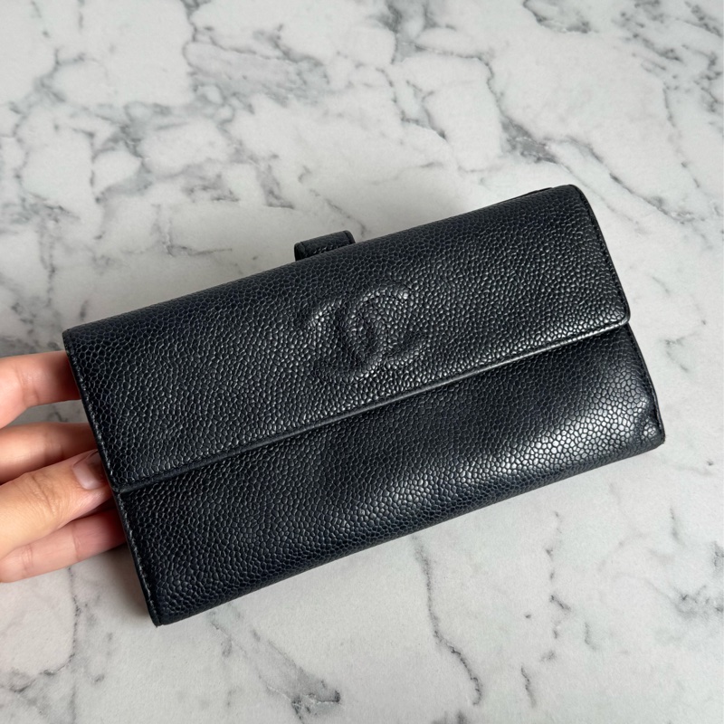 Chanel黑皮革雙面釦式長夾✨老香-0