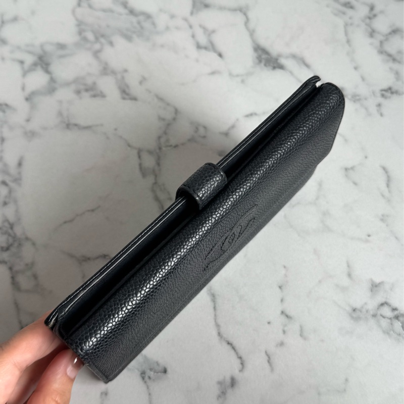 Chanel黑皮革雙面釦式長夾✨老香-1