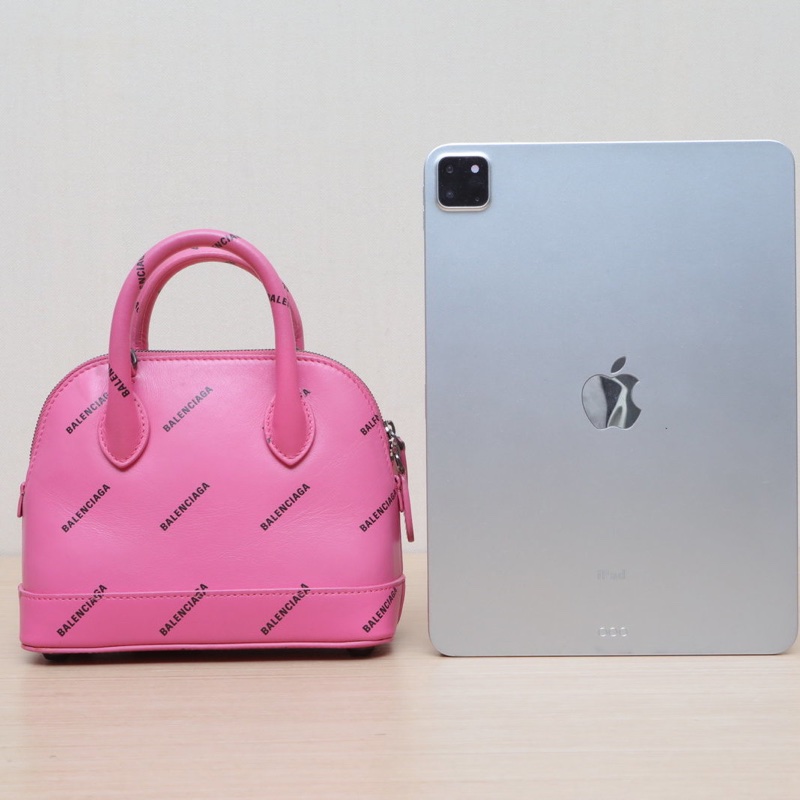 BALENCIAGA 玫紅牛皮滿印logomini貝殼包肩背包-2