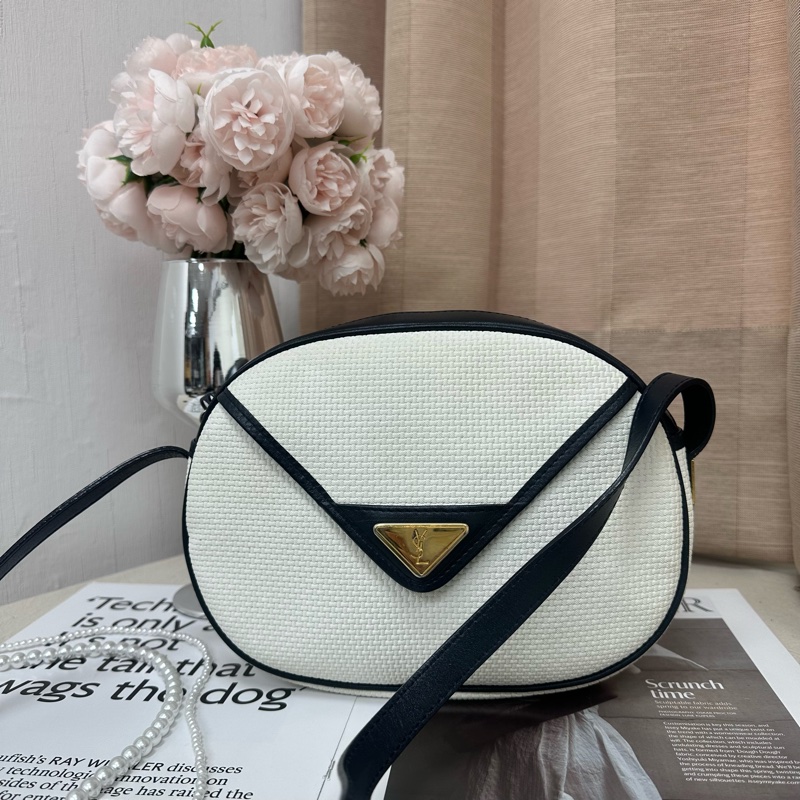 YSL Vintage 中古白色編織皮革信封斜背包包-1