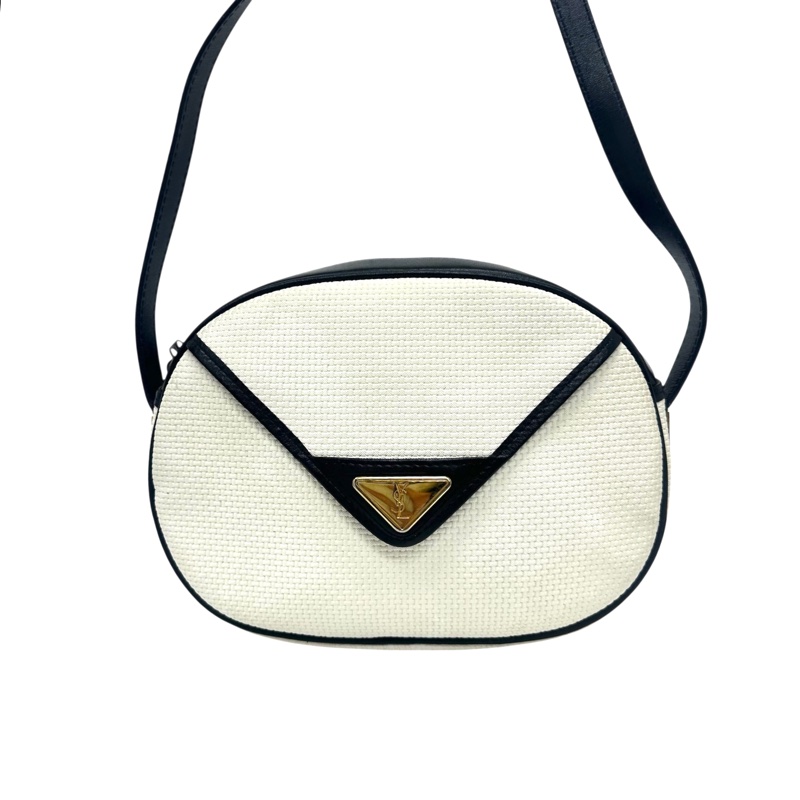 YSL Vintage 中古白色編織皮革信封斜背包包-2
