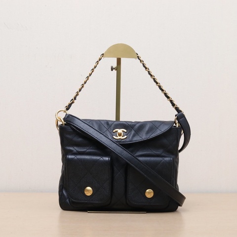 CHANEL Suppletwins24P嬉皮Hobo郵差包小號24.5黑色荔枝牛皮晶片開金扣