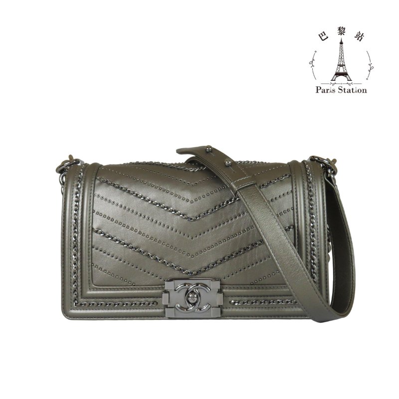【巴黎站二手名牌專賣店】＊現貨＊CHANEL 香奈兒 真品＊經典BOY系列銀灰色皮革復古銀釦滾鏈肩背斜背包(25)-0