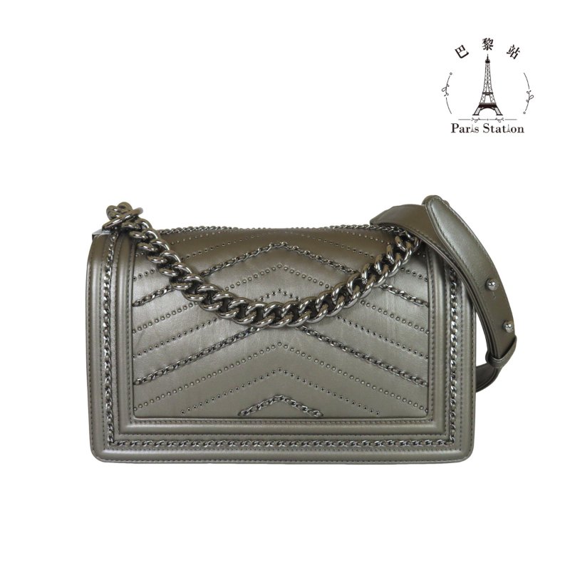 【巴黎站二手名牌專賣店】＊現貨＊CHANEL 香奈兒 真品＊經典BOY系列銀灰色皮革復古銀釦滾鏈肩背斜背包(25)-1