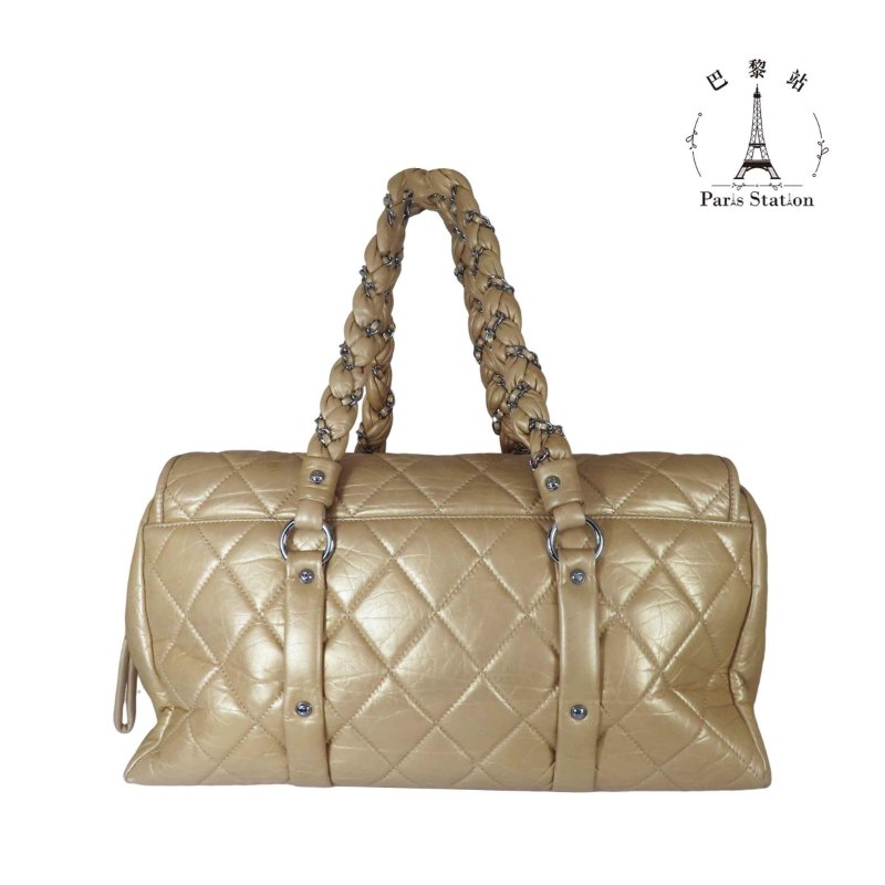 【巴黎站二手名牌專賣店】＊現貨＊CHANEL 香奈兒 真品*金色菱格紋小羊皮翻蓋手提大行李袋-1