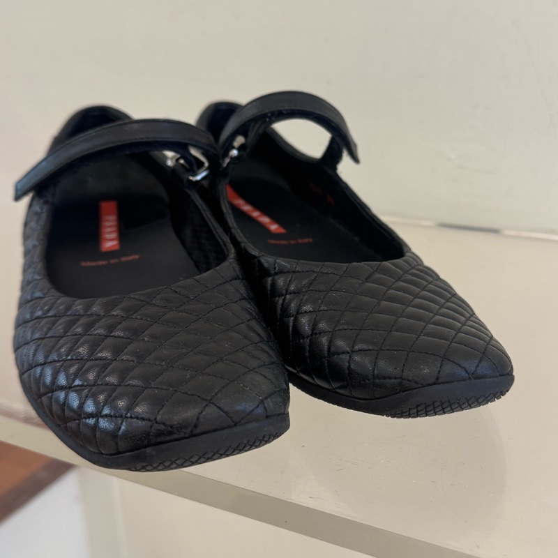 prada黑皮革菱格紋瑪莉珍鞋😻36號-5