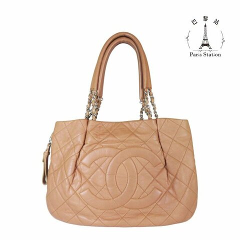 【巴黎站二手名牌專賣店】＊現貨＊CHANEL 香奈兒 真品*泰奶色菱格紋皮革大雙C縫線拉鍊單肩包 肩背包