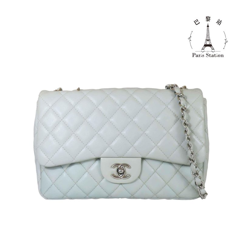 【巴黎站二手名牌專賣店】＊現貨＊CHANEL香奈兒真品＊冰川藍菱格紋荔枝皮革JUMBO 30銀雙C 斜背肩背鍊包-0