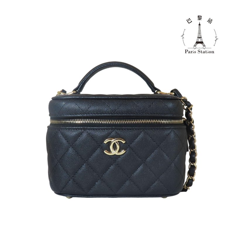 【巴黎站二手名牌專賣店】＊現貨＊CHANEL香奈兒真品＊AS3171 黑色菱格紋荔枝牛皮淡金雙C方型化妝箱包-0