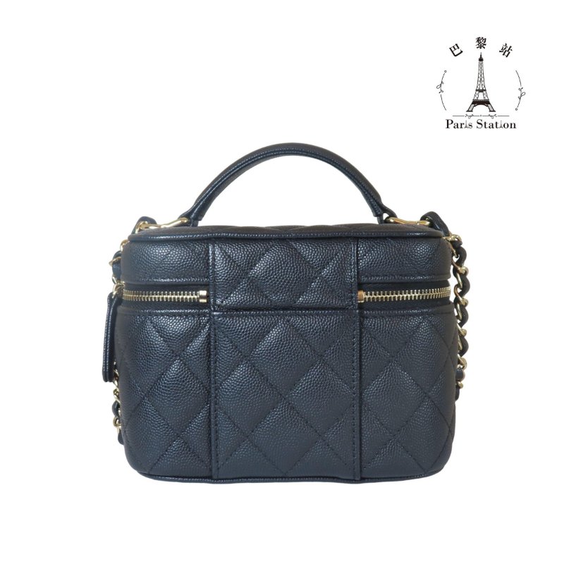 【巴黎站二手名牌專賣店】＊現貨＊CHANEL香奈兒真品＊AS3171 黑色菱格紋荔枝牛皮淡金雙C方型化妝箱包-1