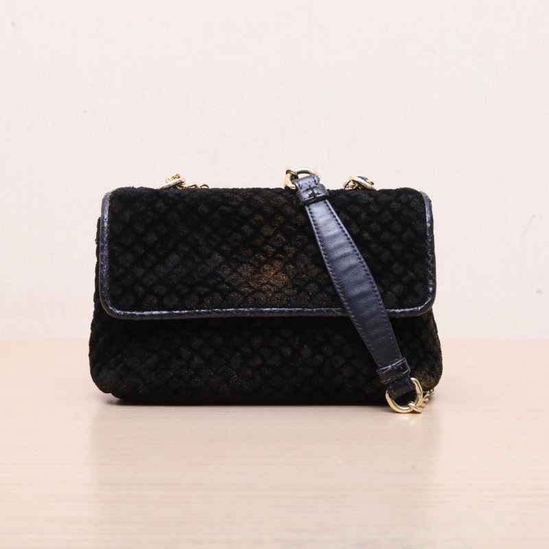 BOTTEGA VENETA 黑色絨面淺金扣天鵝絨小號23CM鏈條包肩背包-0