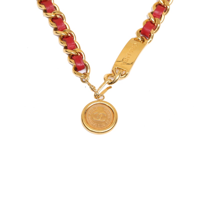 CHANEL 中古紅金皮穿鏈腰鏈金色70cm-0