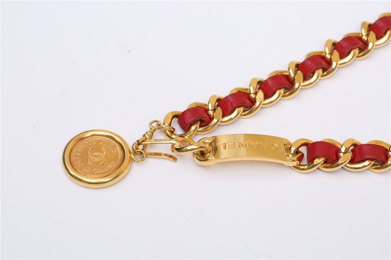 CHANEL 中古紅金皮穿鏈腰鏈金色70cm-1