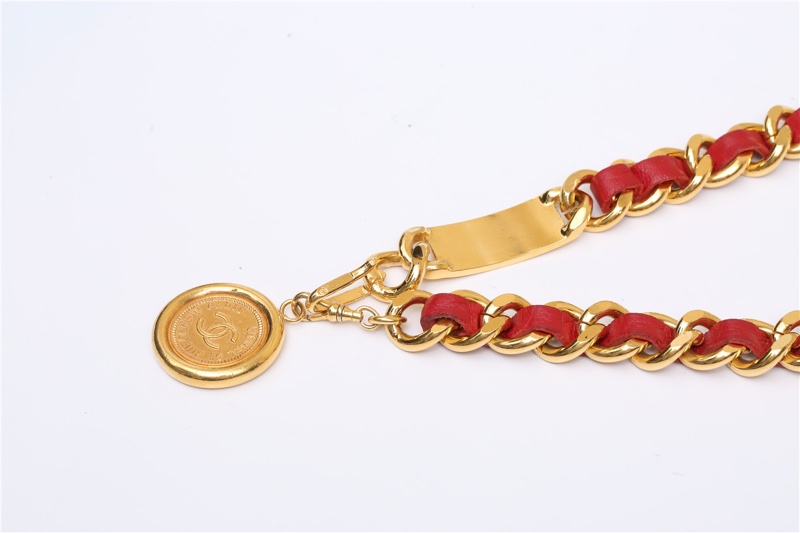 CHANEL 中古紅金皮穿鏈腰鏈金色70cm-2