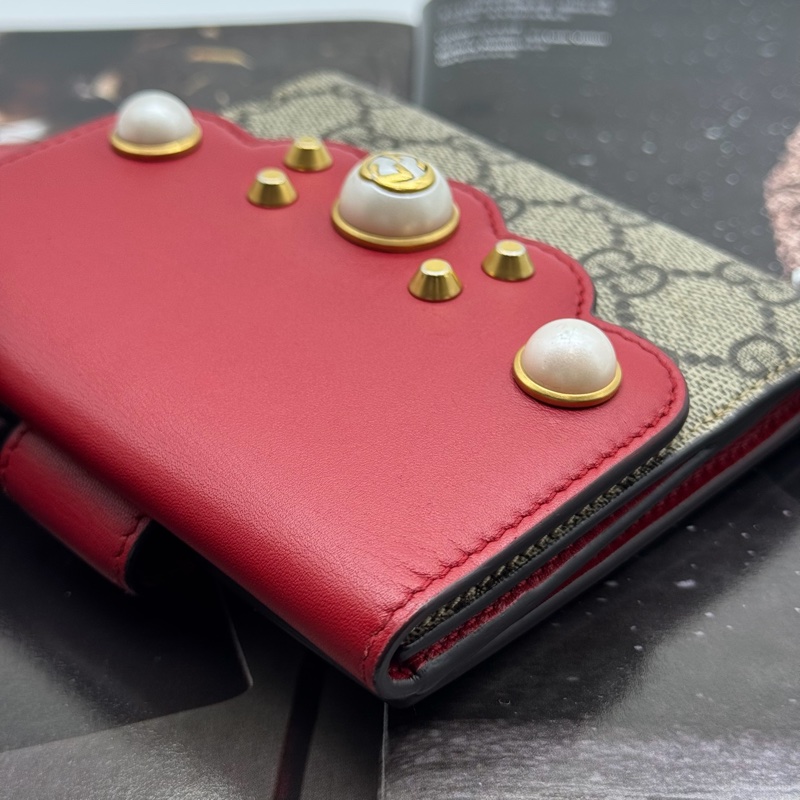 GUCCI GG Supreme Wallet 珍珠鉚釘紅色雙折中夾-22