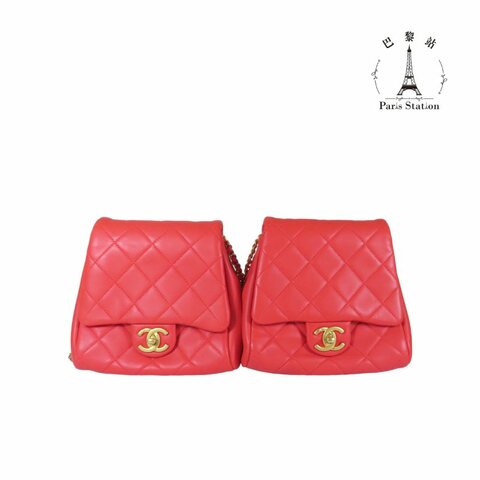 【巴黎站二手名牌專賣店】＊現貨＊CHANEL香奈兒真品＊Side-Packs 珊瑚橘色菱格紋釦式鏈帶雙包 雙胞胎鏈肩包