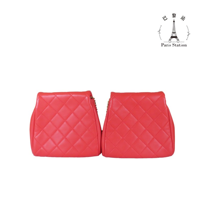 【巴黎站二手名牌專賣店】＊現貨＊CHANEL香奈兒真品＊Side-Packs 珊瑚橘色菱格紋釦式鏈帶雙包 雙胞胎鏈肩包-1