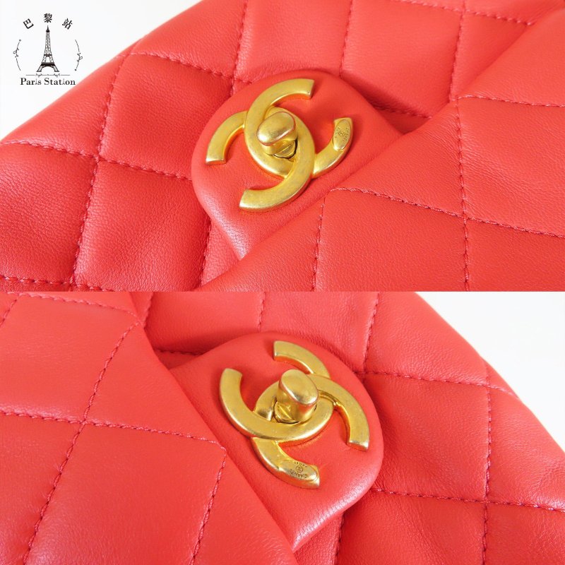 【巴黎站二手名牌專賣店】＊現貨＊CHANEL香奈兒真品＊Side-Packs 珊瑚橘色菱格紋釦式鏈帶雙包 雙胞胎鏈肩包-6