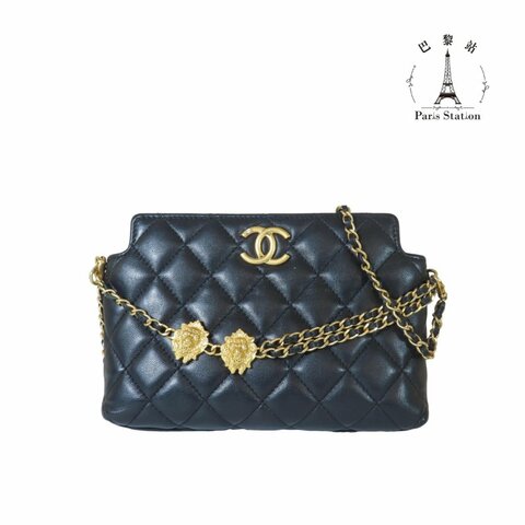 【巴黎站二手名牌專賣店】＊現貨＊CHANEL香奈兒真品＊ 黑色菱格紋皮革金獅頭吊飾肩背包 鏈包