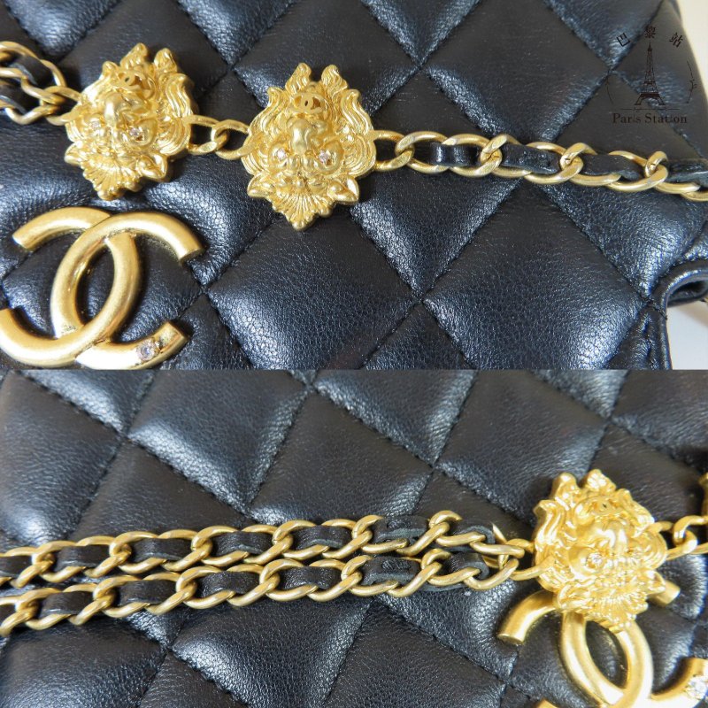 【巴黎站二手名牌專賣店】＊現貨＊CHANEL香奈兒真品＊ 黑色菱格紋皮革金獅頭吊飾肩背包 鏈包-7