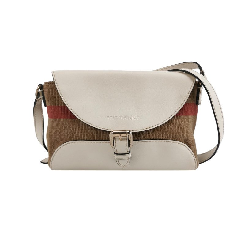 Burberry牛皮帆布拼色壓紋字母Logo斜挎包單肩包-0