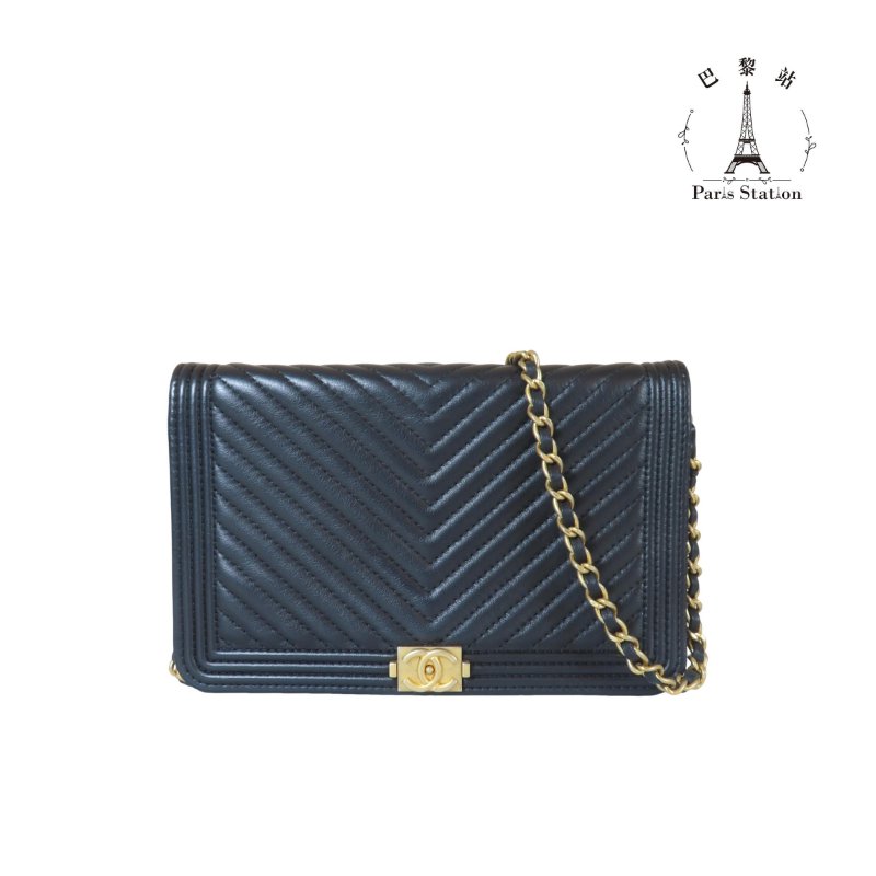 【巴黎站二手名牌專賣店】＊現貨＊CHANEL 香奈兒 真品＊經典BOY WOC黑色山型紋皮革金鍊肩背包 斜背包-0