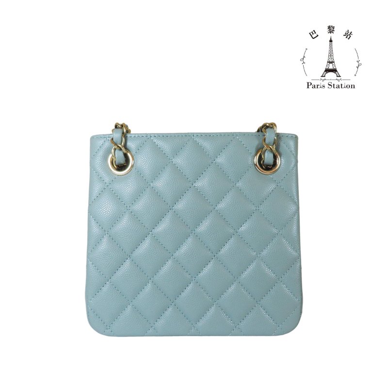 【巴黎站二手名牌專賣店】＊現貨＊CHANEL香奈兒真品＊藍灰色菱格紋荔枝皮革淡金雙C方型鏈包-1