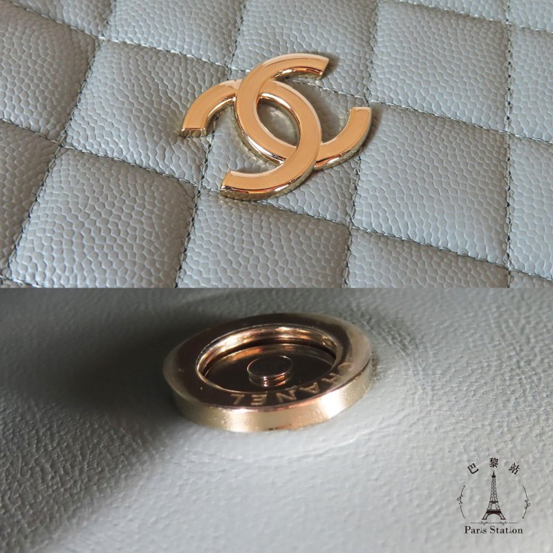 【巴黎站二手名牌專賣店】＊現貨＊CHANEL香奈兒真品＊藍灰色菱格紋荔枝皮革淡金雙C方型鏈包-6